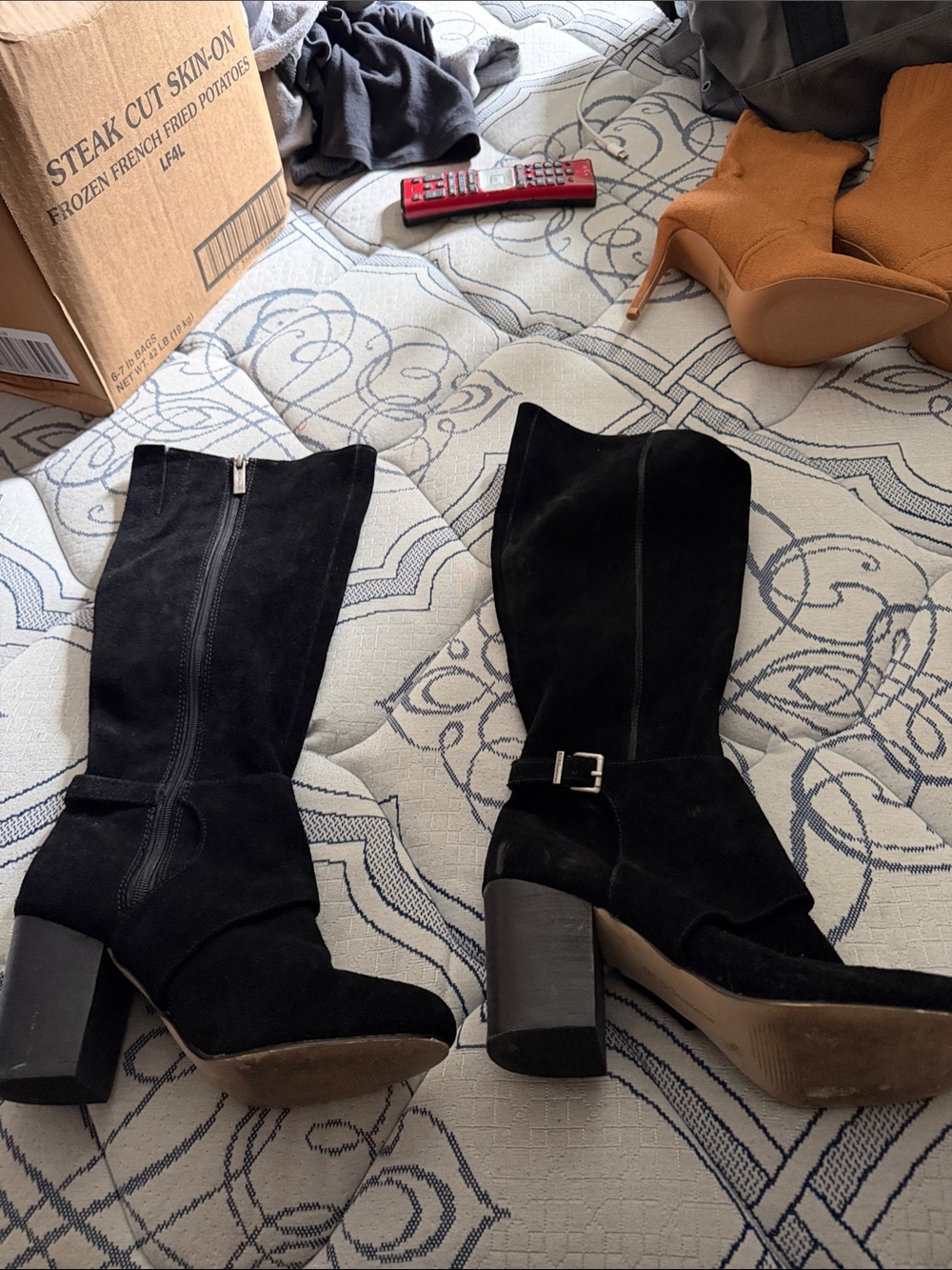 BCBGeneration Black Suede Mid-Calf Block Heel Boots with Buckle